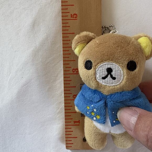 San-X Rilakkuma Brown Bear with Blue Cape with Stars Plush Key Ring Bag Decor - Picture 6 of 6